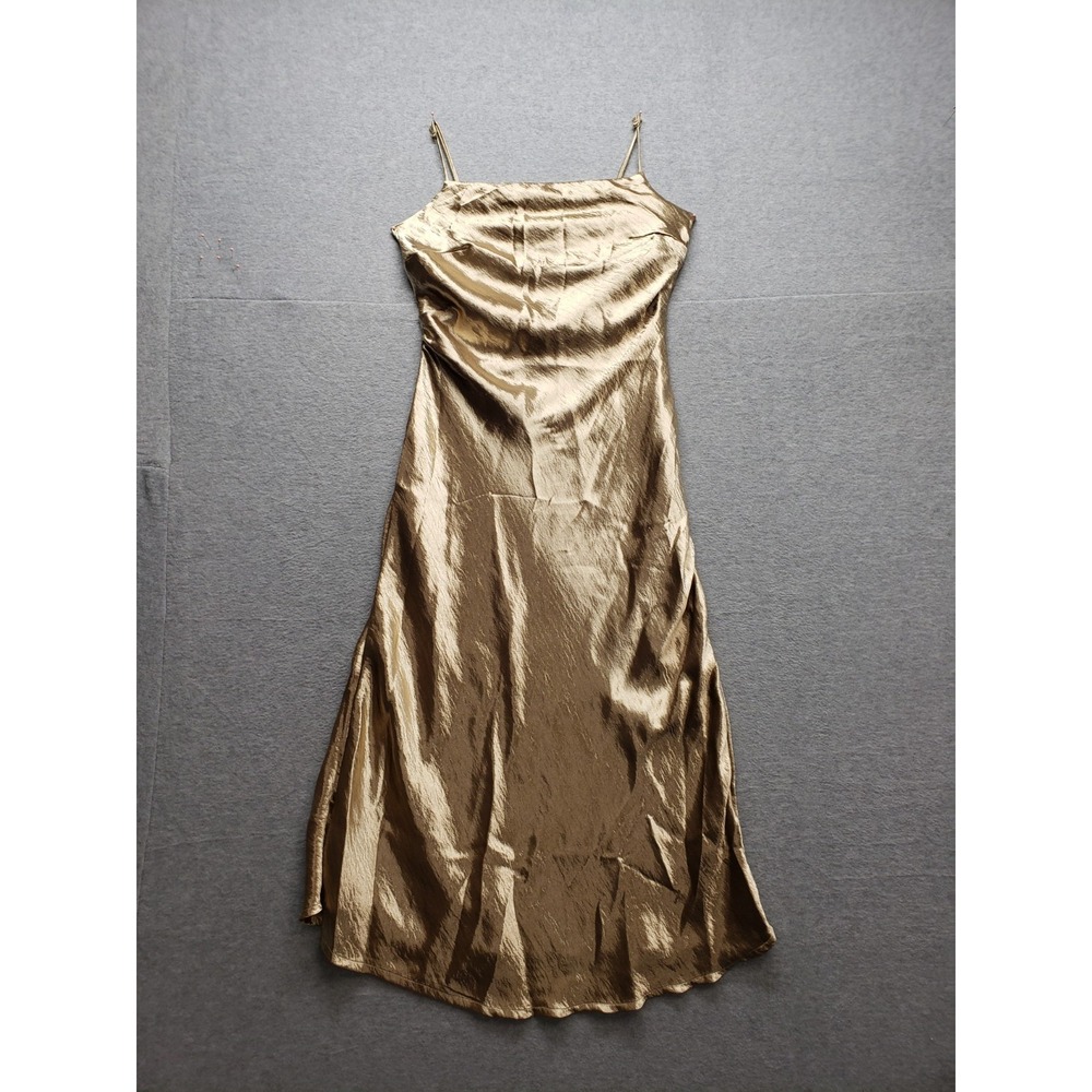 Anthropologie Women Slip Dress S Gold Satin Spaghetti Strap Square Neck Gown